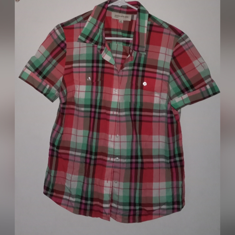 JONES NEW YORK Sport Short Sleeve Multi-Color Plaid Print Size M